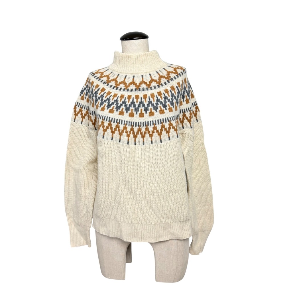 J.Crew Womens Medium Fair Isle Mock Neck Lambswool Blend Sweater Ivory Tan Grey